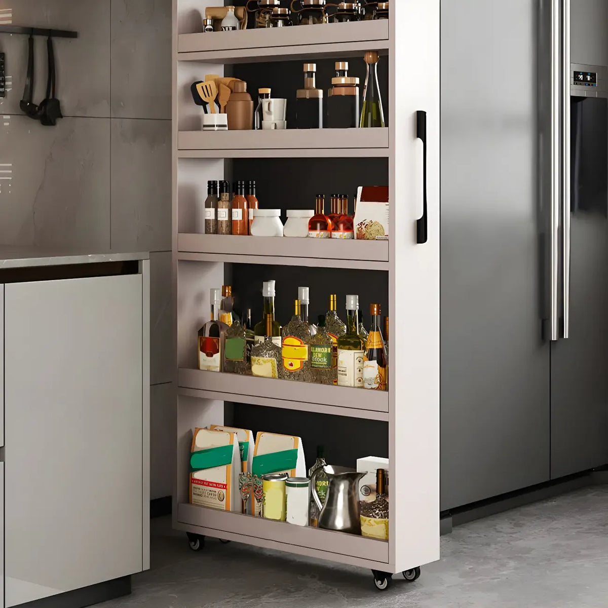 Credenza moderna in legno con ripiani aperti e rotelle