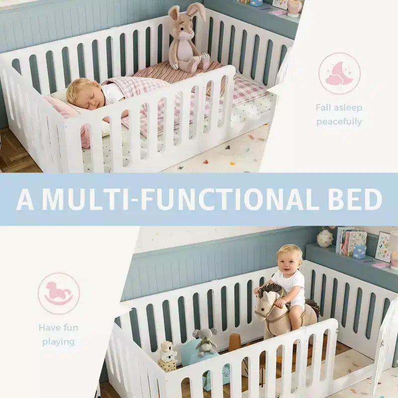 Cama Montessori de chão branca, tamanho Twin, com grades de proteção e porta - madeira maciça, 1 criança