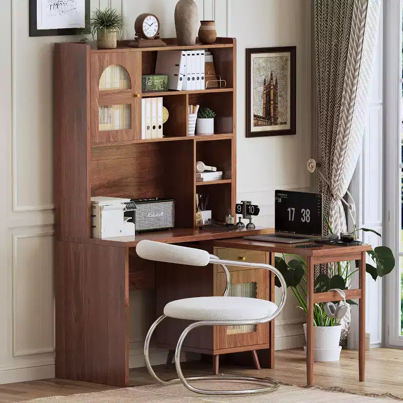 Okak moderne houten bureau voor kantoor aan huis met bureaublad, stoel en boekenkast, opbergbureau voor tieners en studenten om te studeren en schrijven, voor studie en kantoor