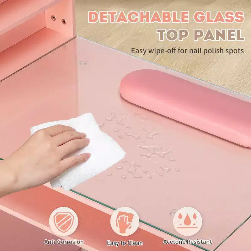 Mesa de manicure moderna preta/rosa com tampo de vidro e apoio para os pulsos, estação individual