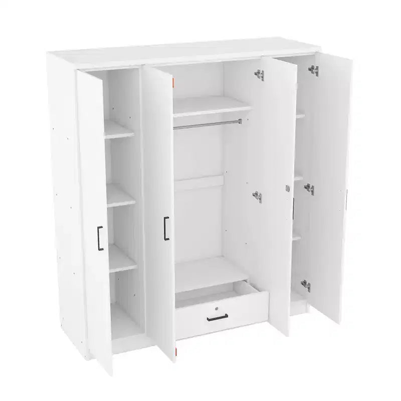 Guarda-roupa de madeira com 4 portas, varão para cabides, 1 gaveta e prateleiras de arrumação