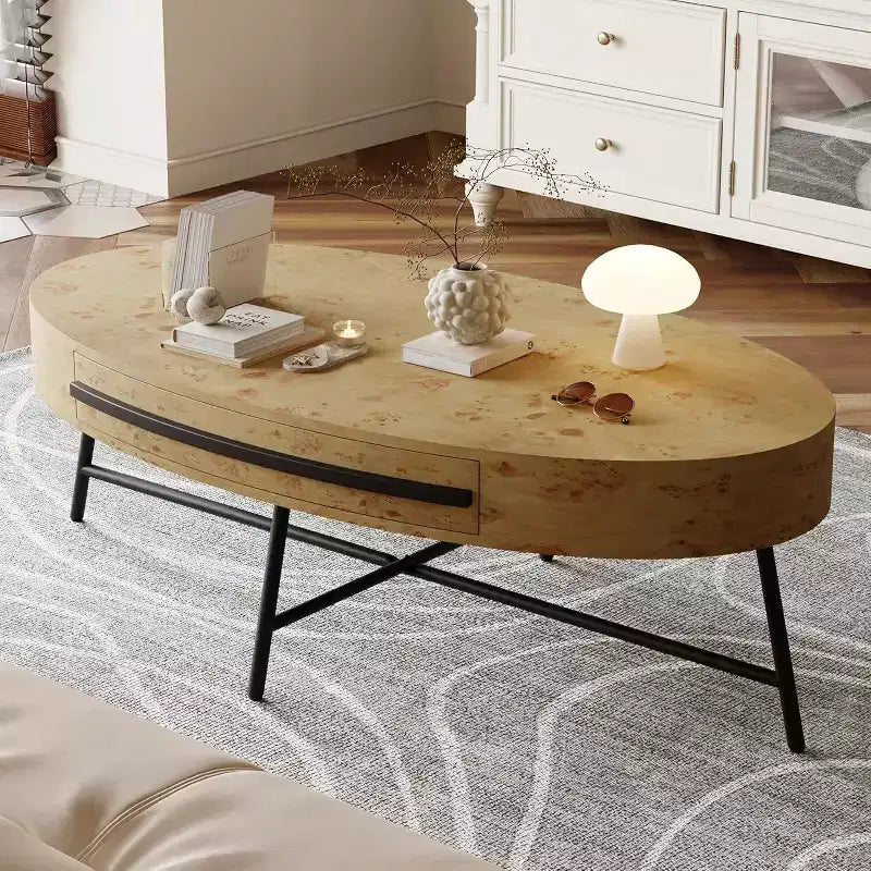 Mesa de centro oval Acekool com gaveta, mesa de arrumação de madeira de 47.2 com pernas metálicas cruzadas, mesa de centro moderna de meados do século em salgueiro natural e dourado