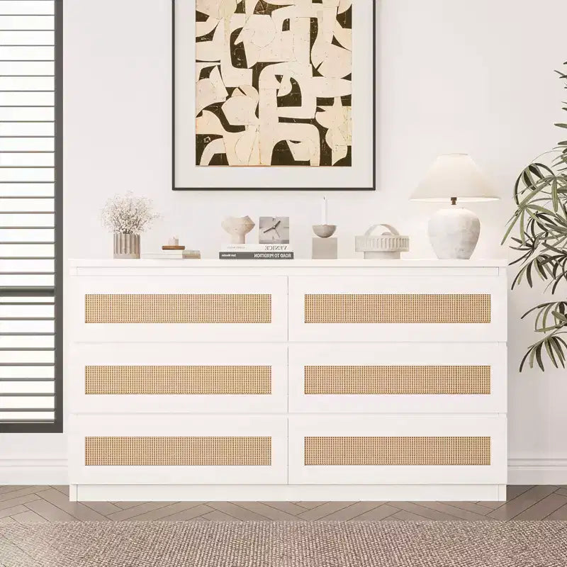 Cómoda de rattan para quarto com 6 gavetas, cómoda larga de estilo quinta moderno de 47, armário organizador de arrumação em madeira para closet, sala de estar e corredor