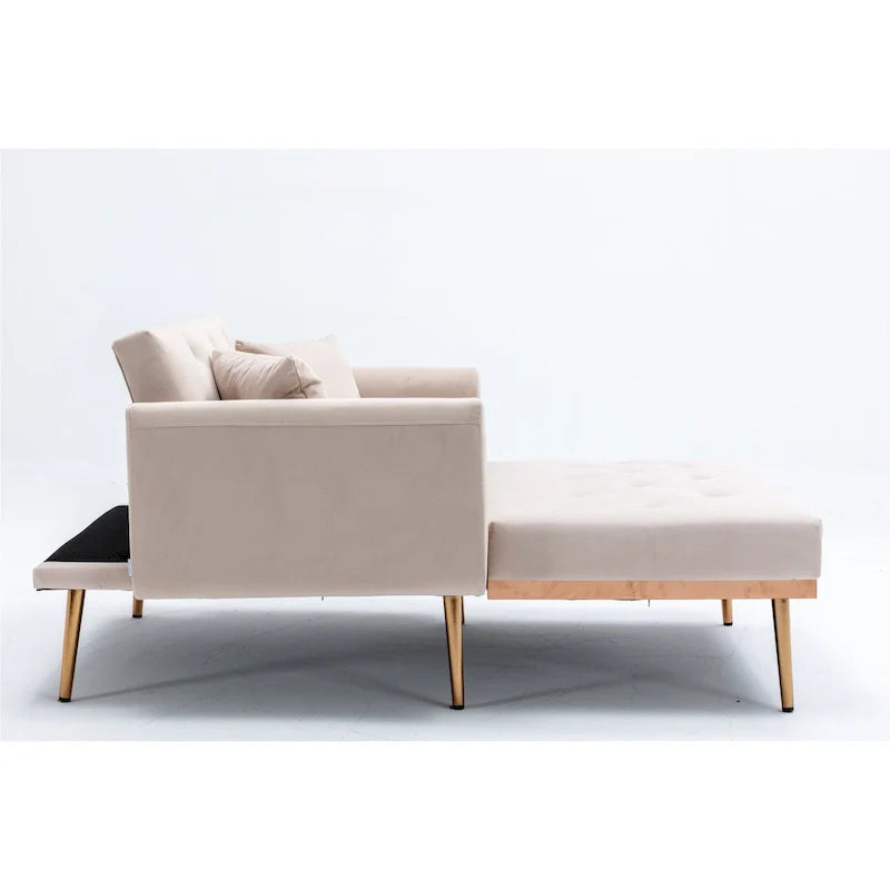 Poltrona letto in velluto imbottito e trapuntato per soggiorno, con gambe color oro rosato