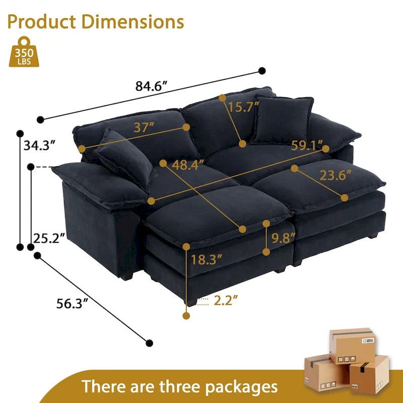 Canapé 2 places avec 2 coussins, 2 oreillers et 2 poufs, canapé confortable – canapé profond modulable pour le salon