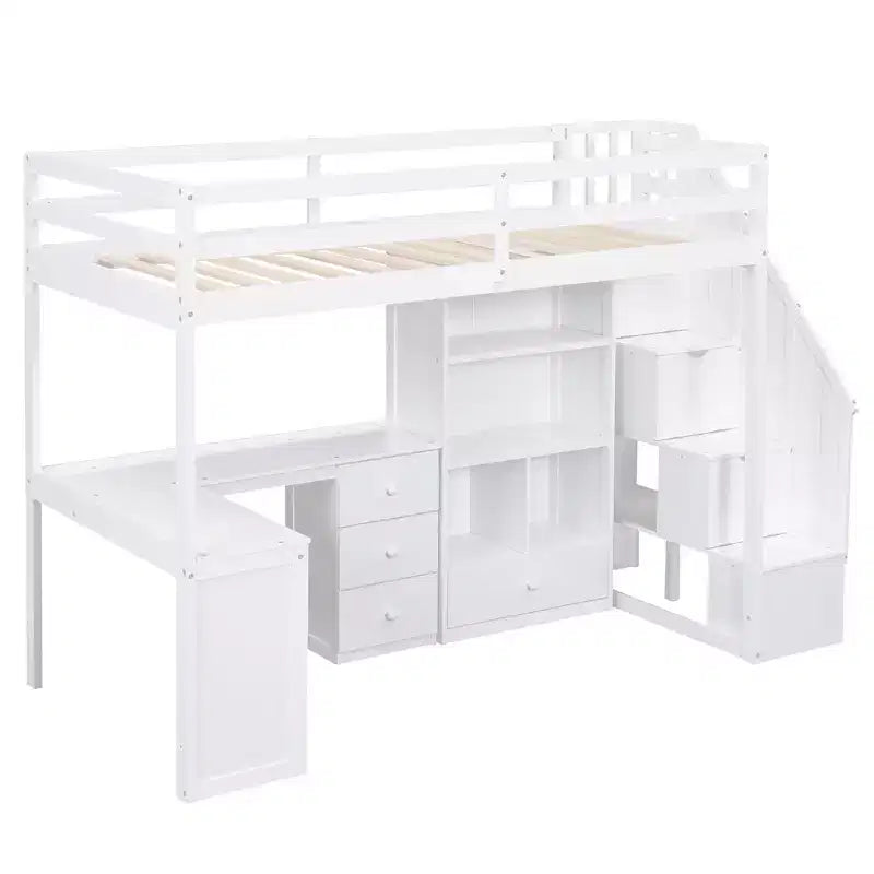 Hochbett in Twin-Größe mit L-förmigem Schreibtisch, 3 Schubladen, Schrank und Stauraum in der Treppe, Konstruktion aus massivem Kiefernholz/MDF