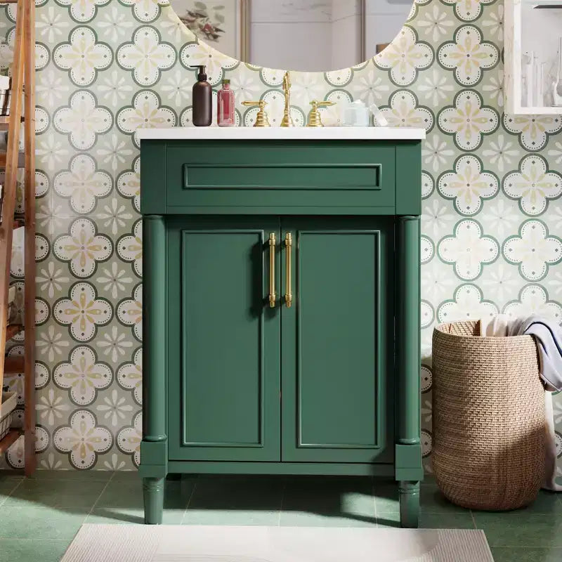 Móvel de casa de banho de 24 com lavatório cerâmico, armário Shaker, 2 portas com fecho suave e estrutura de madeira maciça para casa de banho pequena ou lavabo