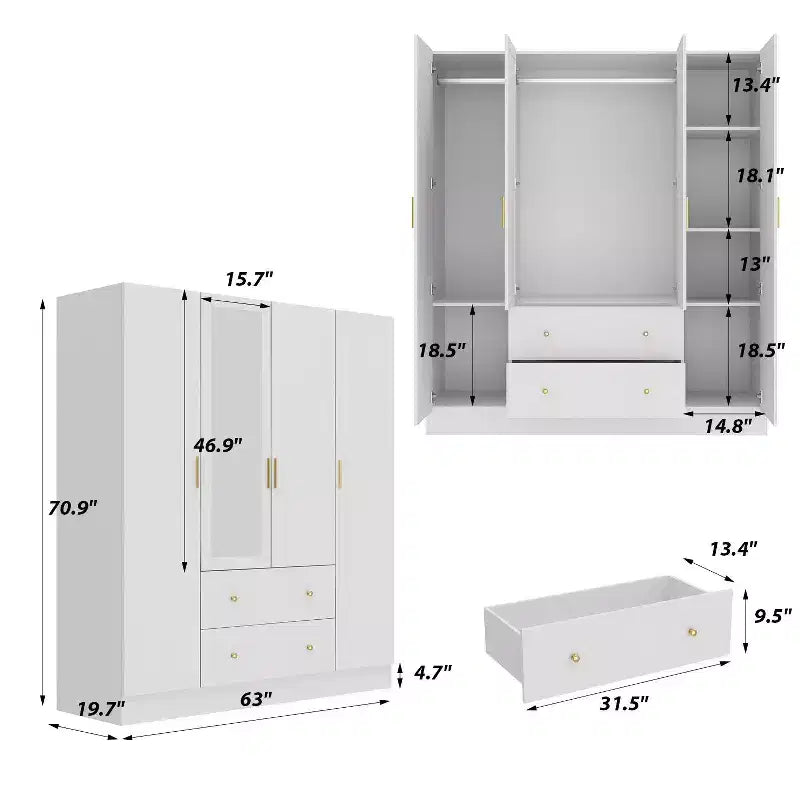 Hitow Kleiderschrank mit 2 großen Schubladen, mittlerem Hängeregal und Spiegel im minimalistischen Stil