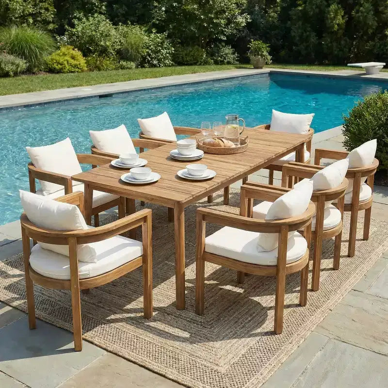 Conjunto de jantar rústico Irene da Christopher Knight Home com 9 peças, em madeira de acácia para exterior, cadeiras com encosto curvo e almofadas