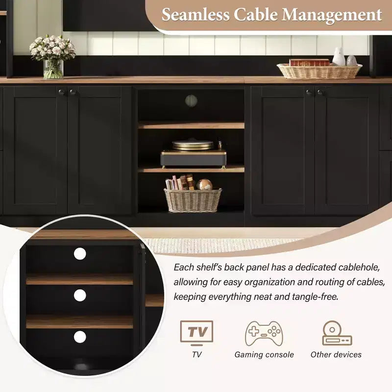 Unità a parete centro d'intrattenimento in stile rustico ModernLuxe 4-in-1, adatta a TV fino a 70, mobile TV e console multimediale con ripiani e cassetti regolabili