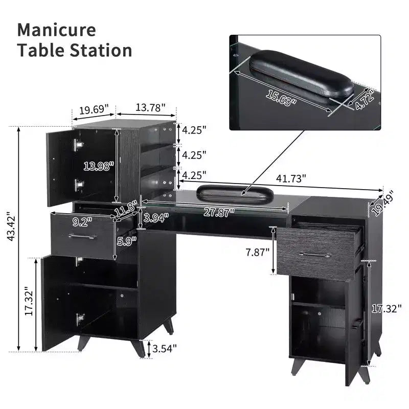 Mesa de manicure moderna preta/rosa com tampo de vidro e apoio para os pulsos, estação individual