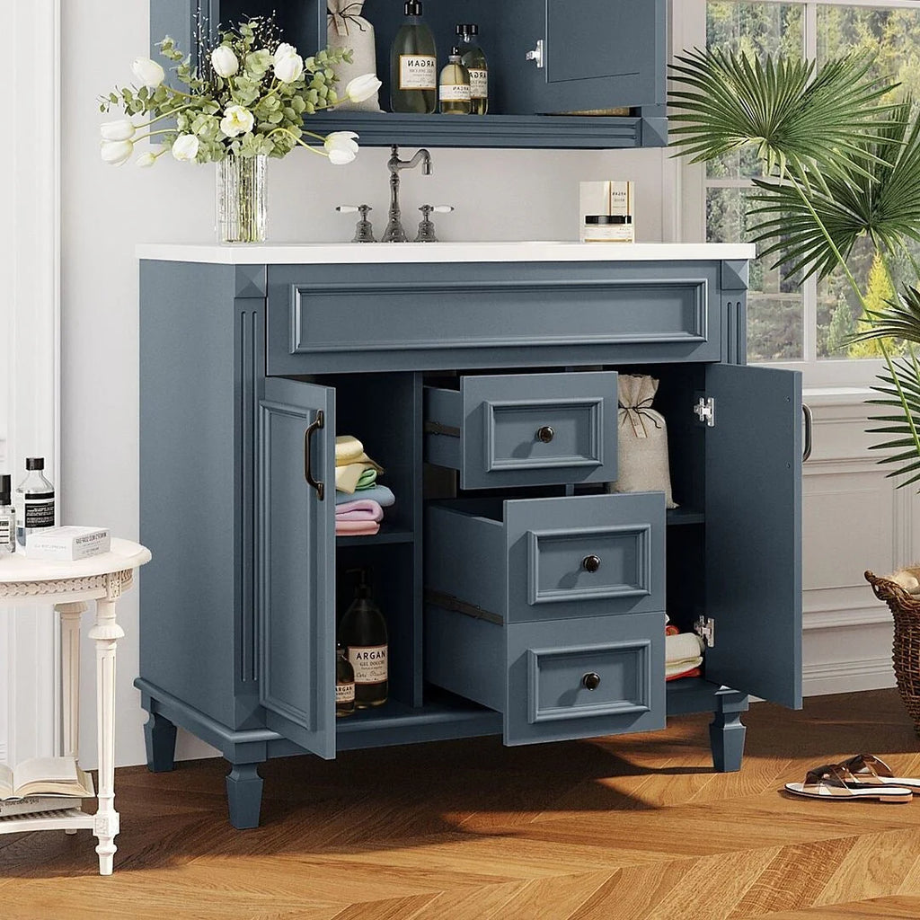 Moderne badkamermeubelset van 36 inch met wastafelblad, spiegelkast, 2 deuren en 2 laden