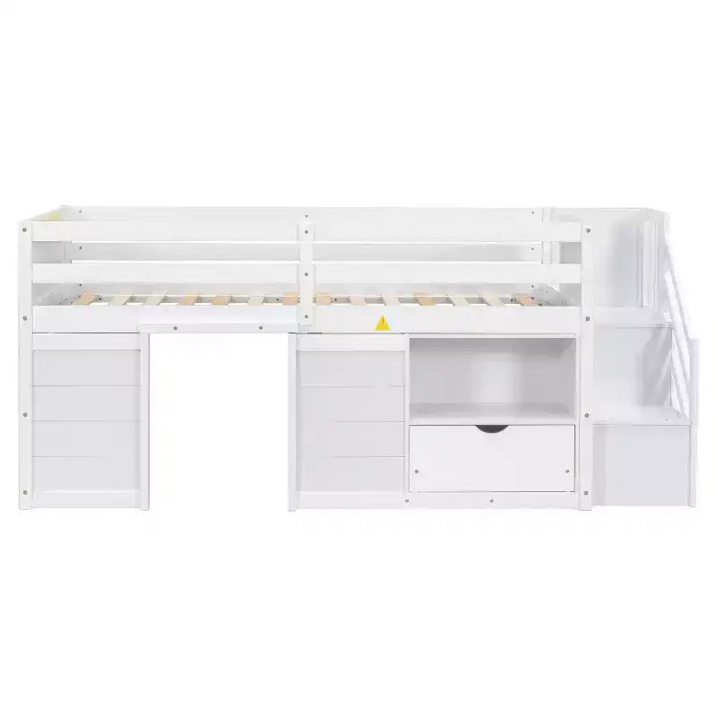Cama baixa tipo loft individual em madeira maciça, 94.6L x 42.3W, com escada, gaveta e prateleira, design moderno e simples