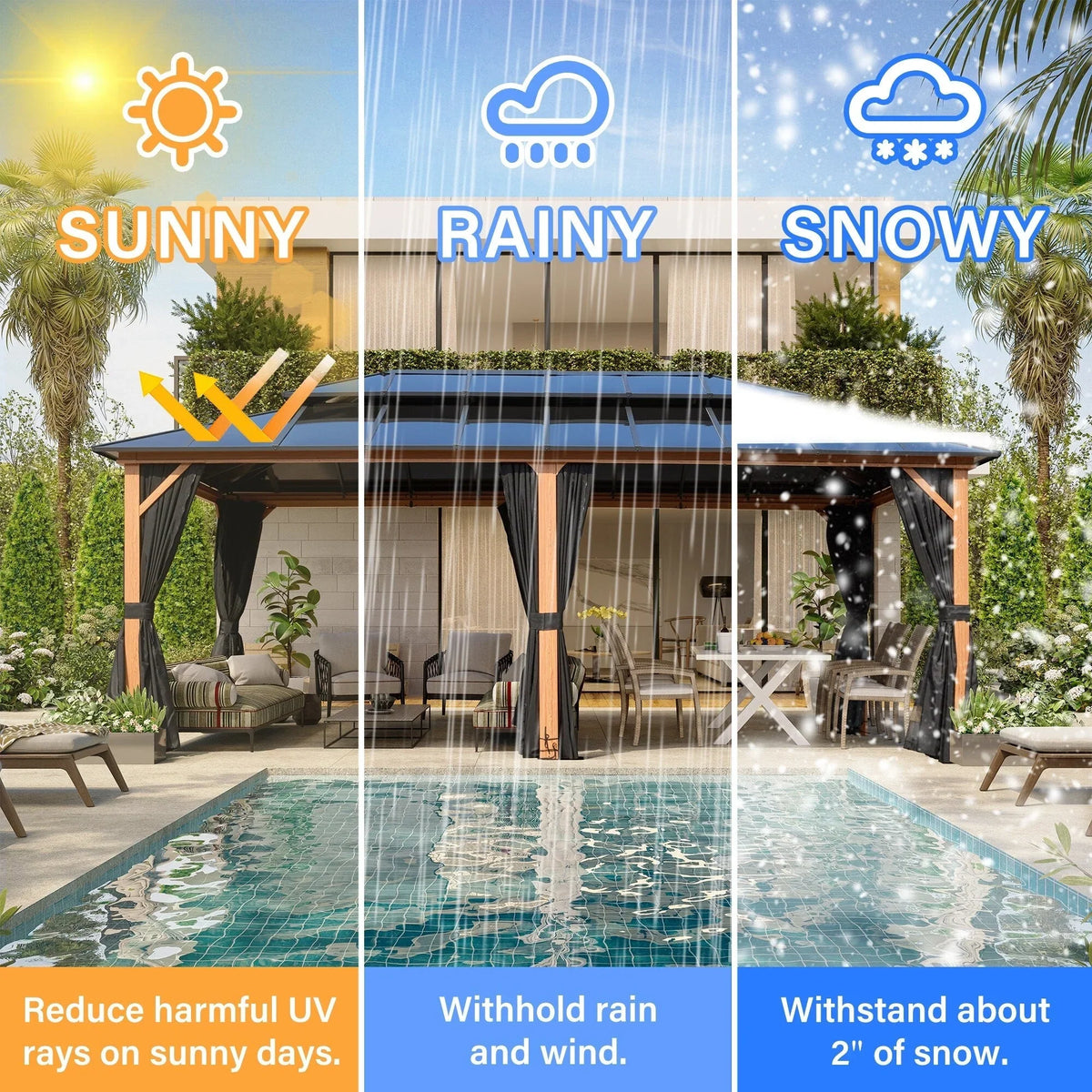 EROMMY Hardtop Gazebo,Outdoor Pergola with Double Roof & Netting & Curtains,Heavy Duty Canopy for Patio, Backyard, Pool party