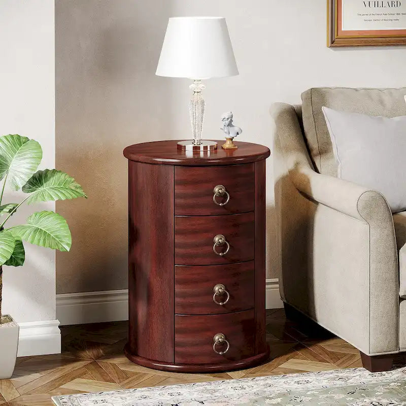 Table d’appoint ronde vintage en bois massif avec tiroirs latéraux, sans assemblage