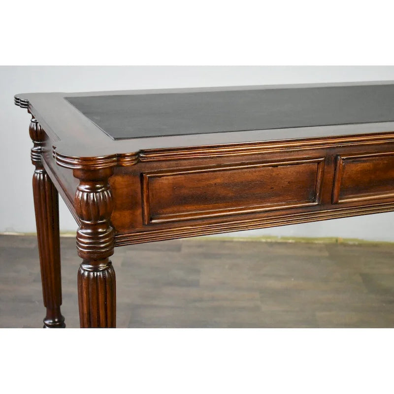 Scrivania in stile vittoriano in mogano massello marrone scuro / marrone chiaro con piano in pelle nera e 3 cassetti - Unità singola