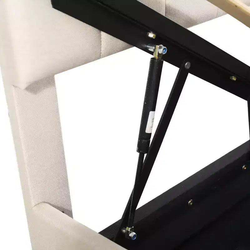 Cama com arrumação elevatória Bellemave de tamanho individual, cama de plataforma estofada com sistema de arrumação hidráulico, cabeceira com riscas verticais, bege