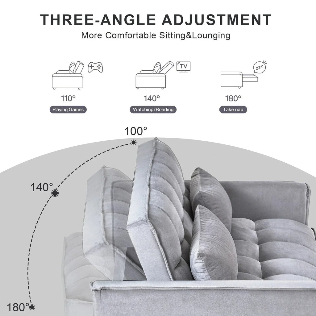 Sofá-cama moderno extensível, sofá-cama 3-em-1 com encosto ajustável, sofá de dois lugares em veludo, almofadas e bolsos laterais