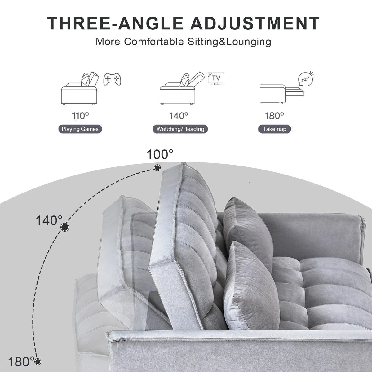 Sofá-cama moderno extensível, sofá-cama 3-em-1 com encosto ajustável, sofá de dois lugares em veludo, almofadas e bolsos laterais