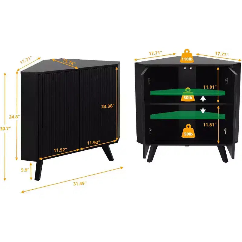 Meuble d’angle avec étagère réglable, table d’angle industrielle en bois à 3 niveaux avec portes, table d’appoint triangulaire pour salon et cuisine