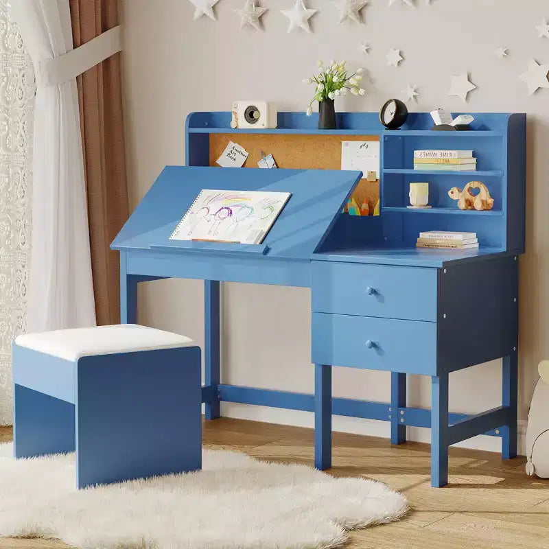 Sada dětského stolu a židle, dřevěný studijní stůl s nastavitelnou naklápěcí deskou, zásuvkami a korkovou nástěnkou - dětská školní studijní sada