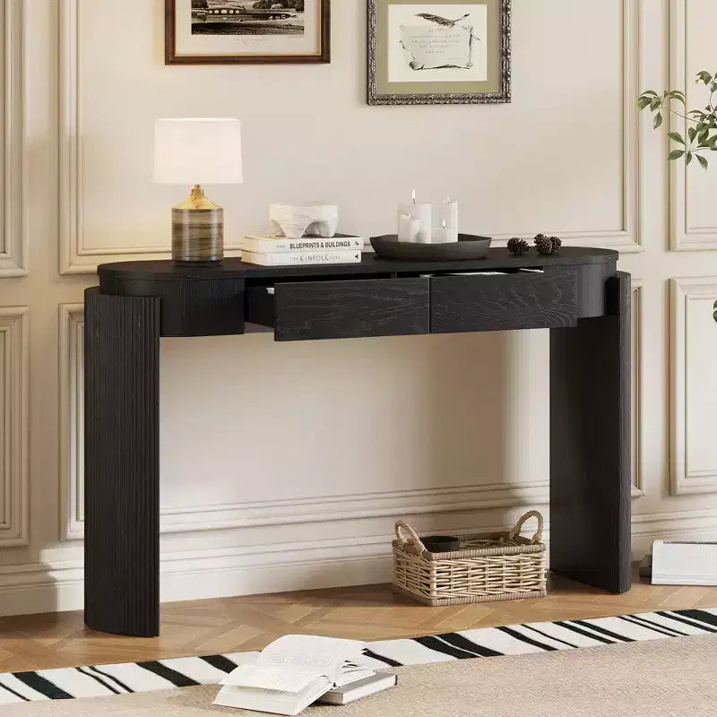 Mesa de consola moderna Merax com tampo oval e pernas curvas caneladas e duas gavetas ocultas
