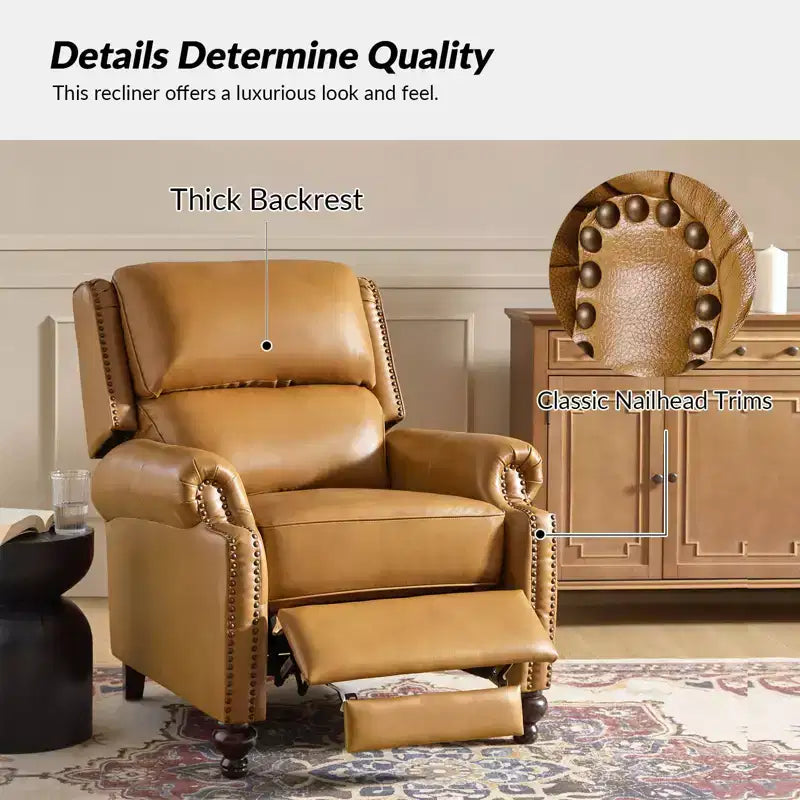 Conjunto de 2 cadeirões reclináveis Elisabete modernos, de costas altas, em pele genuína, com acabamento vintage de tachas, para sala de estar e quarto| ART OF LIVING DESIGNS