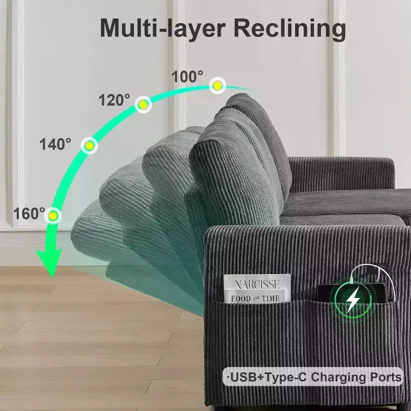 Dyonery 81-Sitzer-Schlafsofa, L-förmiges Ausziehsofa mit wendbarer Recamiere mit Stauraum, USB-Anschluss und verstellbarer Rückenlehne