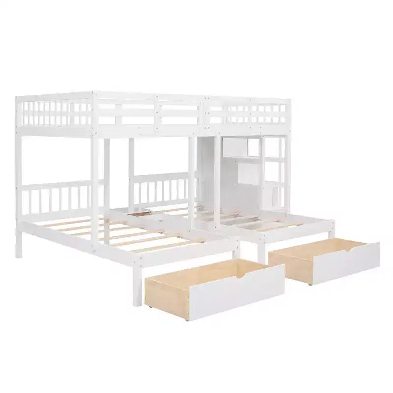 Cama em beliche Whisen Full sobre Twin & Twin, cama tripla de madeira com gavetas e guardas de proteção