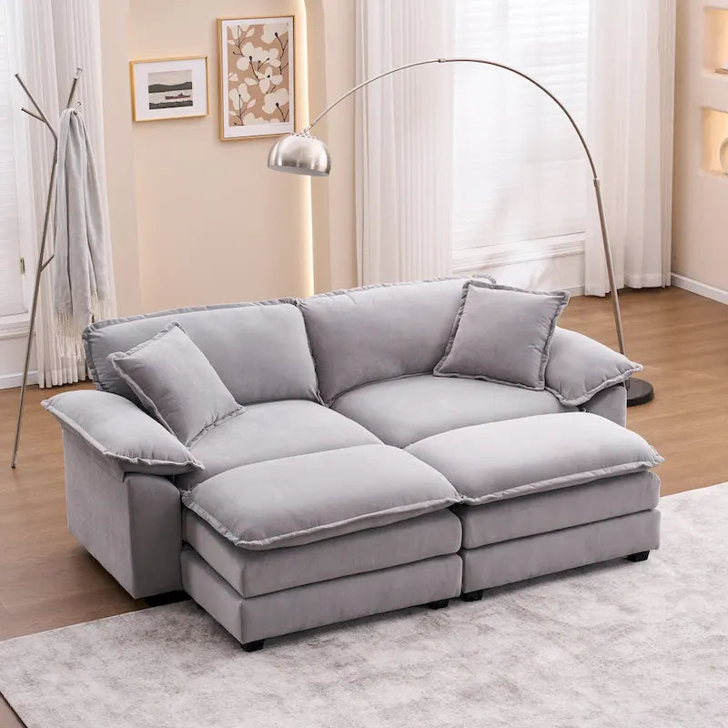 Canapé 2 places avec 2 coussins, 2 oreillers et 2 poufs, canapé confortable – canapé profond modulable pour le salon