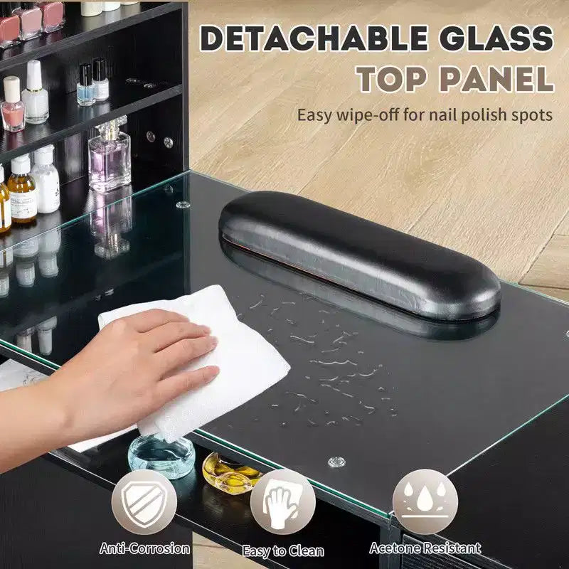 Mesa de manicure moderna preta/rosa com tampo de vidro e apoio para os pulsos, estação individual