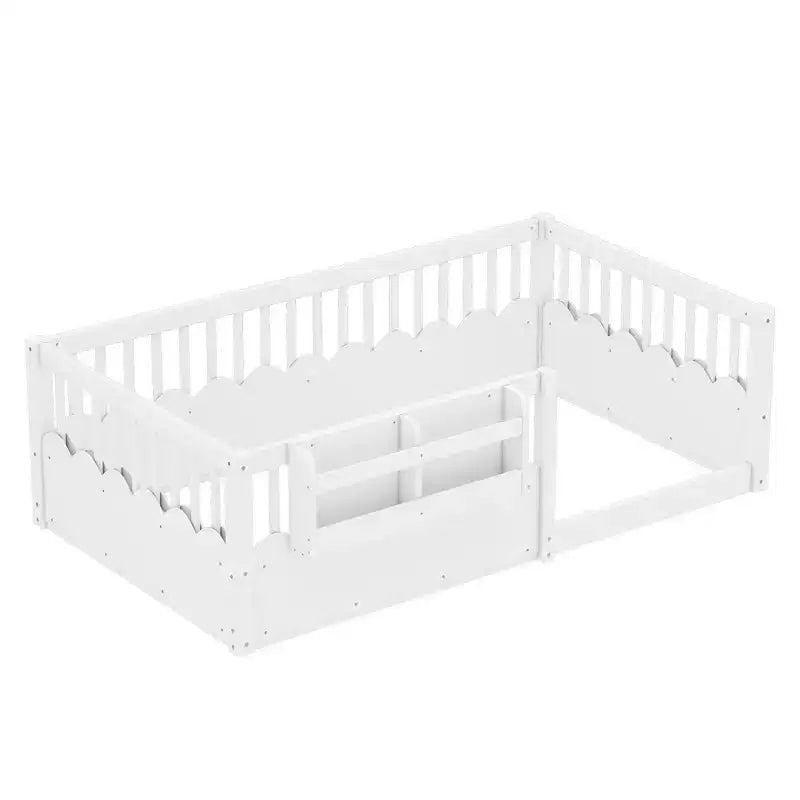 Bellemave Kinder-Bodenbett mit erhöhtem Rausfallschutz und Bücherregal, hölzernes Montessori-Einzelbettgestell für Mädchen und Jungen