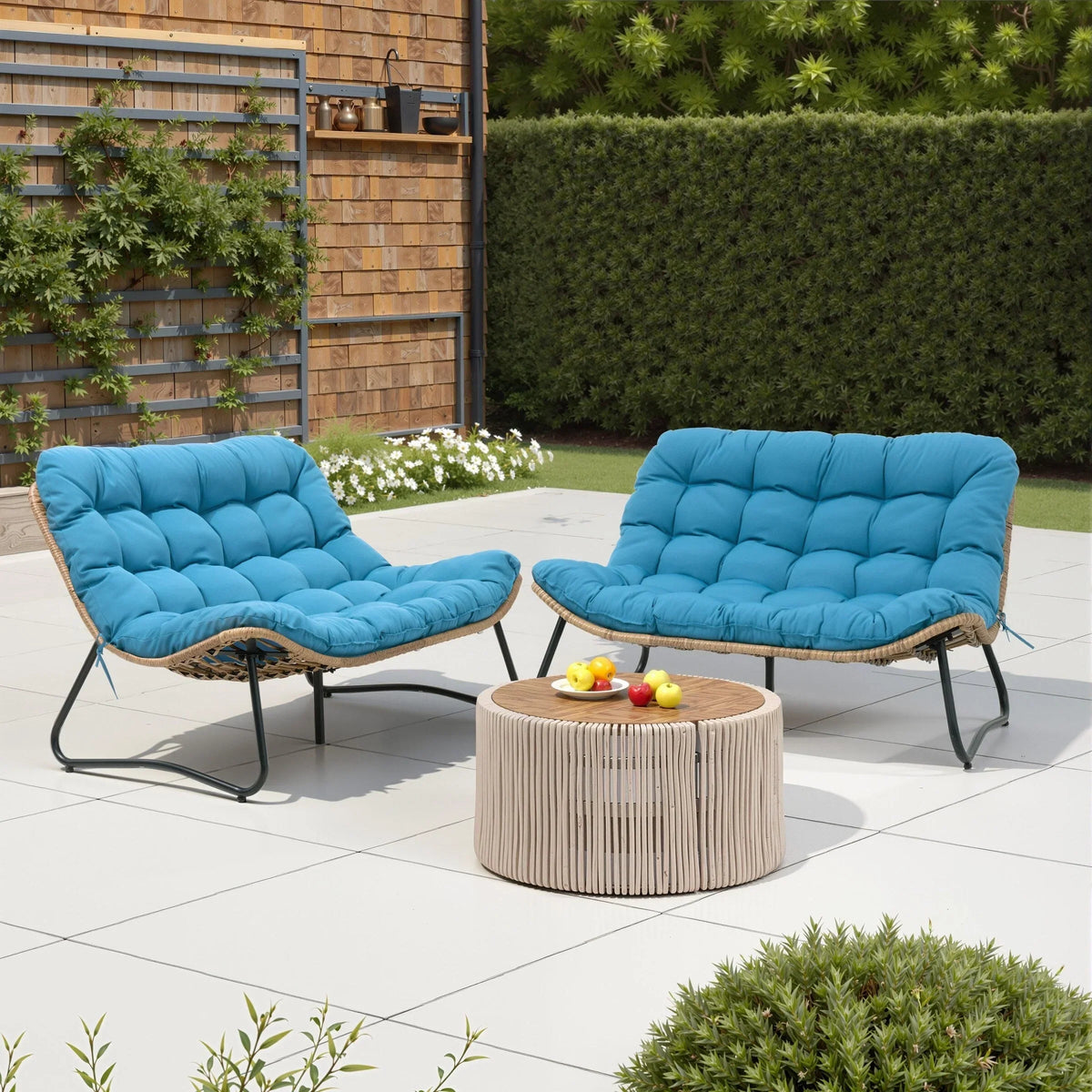Doppelter Papasan-Sessel als Loveseat mit Kissen, wetterfestes PE-Rattan und Metallgestell für drinnen und draußen