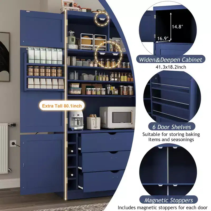 Dispensa alta da cucina con prese di corrente, grande armadio indipendente con supporto per microonde, cassetti, ripiani, portabottiglie e ripiano nell’anta