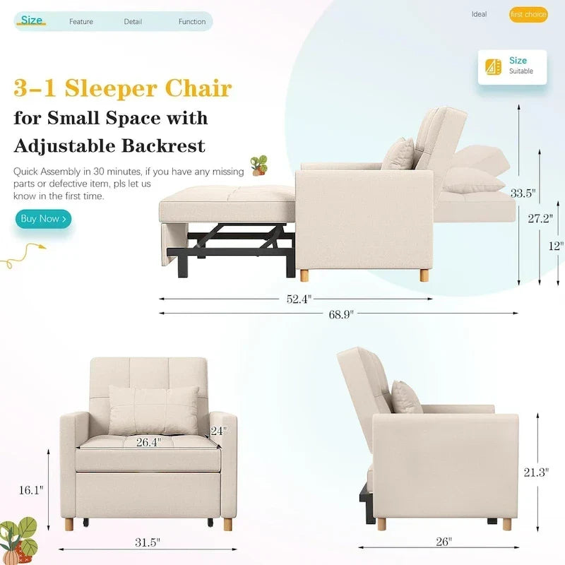 AECOJOY 3-in-1 slaapbankstoel met kussen en verstelbare rugleuning