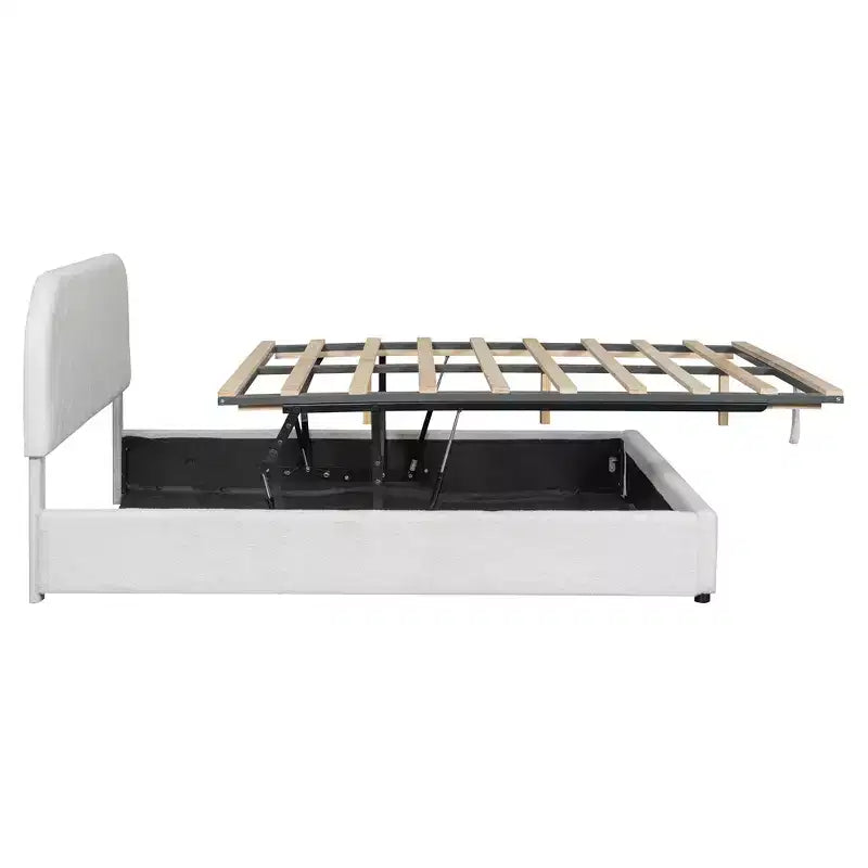 Queen Size Upholstered Bed with Lift-Up Storage - White