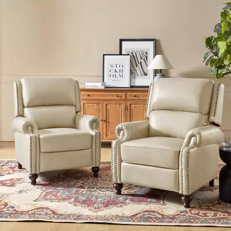 Conjunto de 2 cadeirões reclináveis Elisabete modernos, de costas altas, em pele genuína, com acabamento vintage de tachas, para sala de estar e quarto| ART OF LIVING DESIGNS