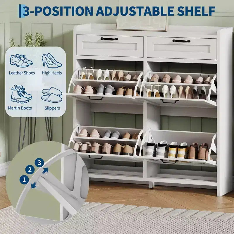 Schuhschrank mit 4 Klappschubladen und 2 oberen Schubladen, hölzerner Schuhorganizer-Schrank mit verstellbarem Regal, freistehende Schuhaufbewahrungsschränke