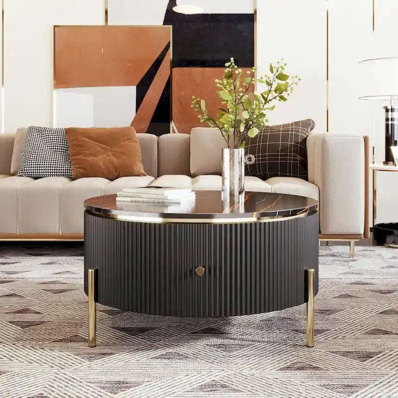 Table basse ronde moderne de 31,5 pouces avec grand espace de rangement dans le tiroir