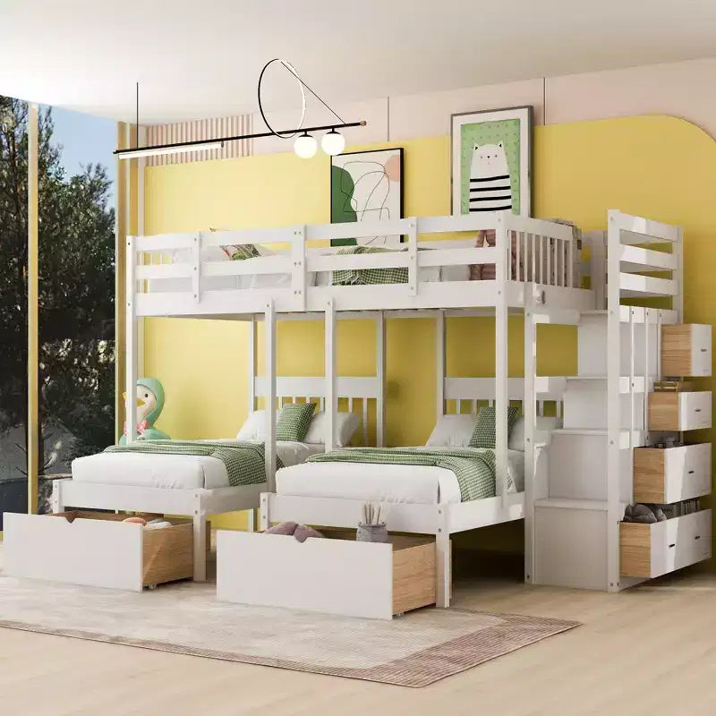 Cama em beliche Whisen Full sobre Twin & Twin, cama tripla de madeira com gavetas e guardas de proteção