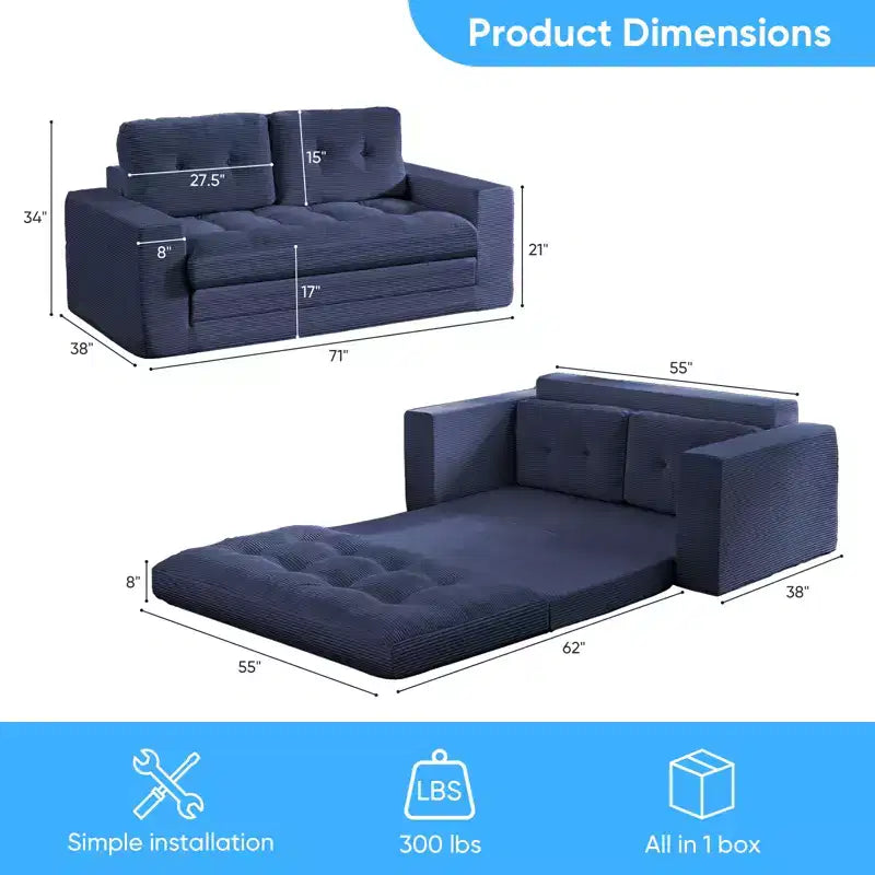 Canapé-lit futon convertible 2-en-1 Mjkone de 71 po, canapé deux places convertible pliable en tissu côtelé avec boutons capitonnés, gain de place