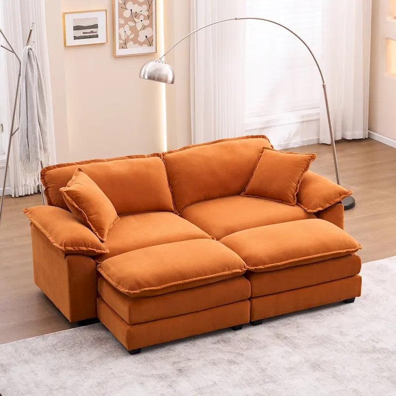 Canapé 2 places avec 2 coussins, 2 oreillers et 2 poufs, canapé confortable – canapé profond modulable pour le salon