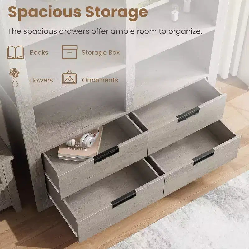 183 cm hohes Bücherregal mit 4 Schubladen, freistehendes Bücherregal im Landhausstil für Schlafzimmer, Wohnzimmer und Homeoffice