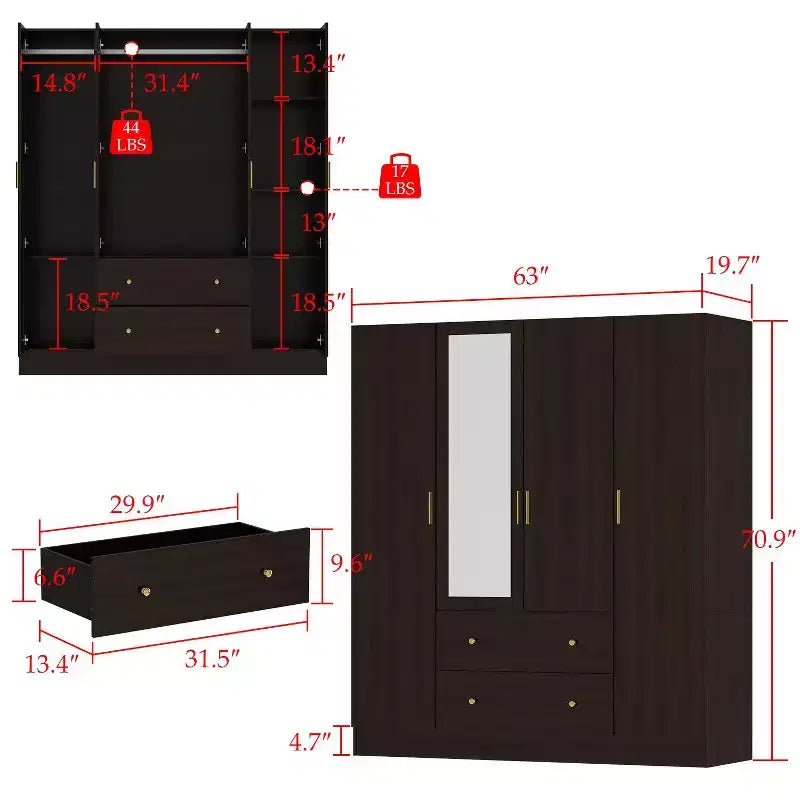 Hitow Kleiderschrank mit 2 großen Schubladen, mittlerem Hängeregal und Spiegel im minimalistischen Stil