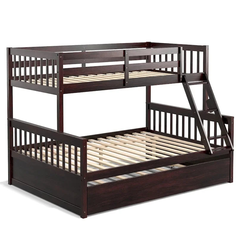 Beliche Gymax de cama individual sobre cama de casal, com cama auxiliar individual, plataforma convertível