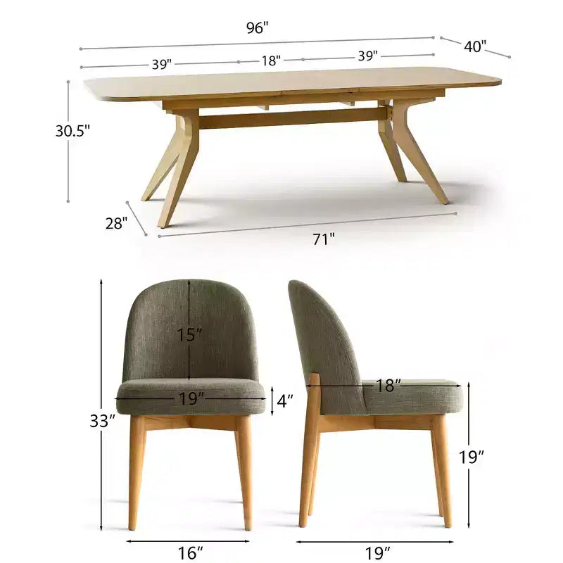 Set da pranzo composto da 9 pezzi per 8 persone, tavolo allungabile con base a cavalletto e sedie imbottite con gambe in legno massello-Panipeachy