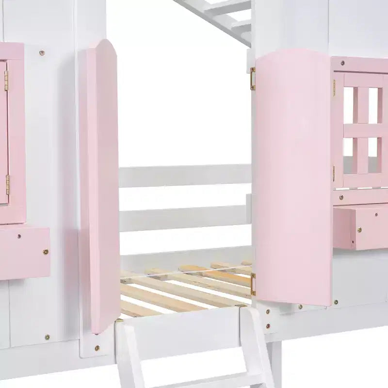 Cama alta de tamanho Twin em forma de casa, cama alta de madeira tipo casinha com escada e barreiras de proteção para crianças