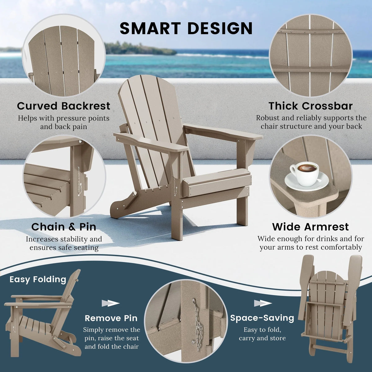 Polytrends Laguna Fade Resistant All Weather Outdoor Patio Folding Adirondack Chair