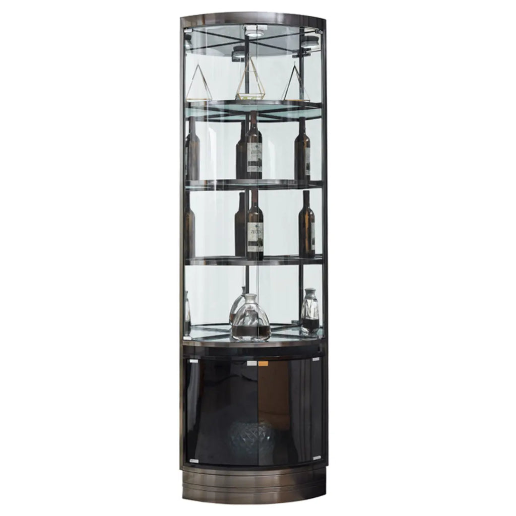 Multiple Levels Glass and Metal Shelf Storage Display Corner Wine Cabinet
