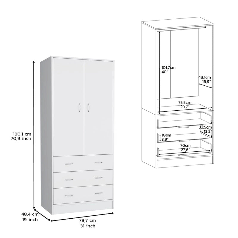 Armário moderno de duas portas 19 com 3 gavetas e 1 varão para quarto